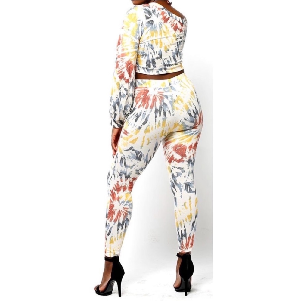 Tie Dye White Scoop Neck Tie-front Cropped Sweater Loungewear Set S… - Picture 3 of 3